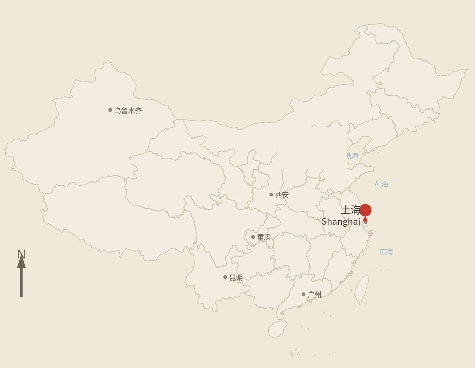 中国示意地图，红色别针指向上海 · Sketch map of China with a red pin on Shanghai