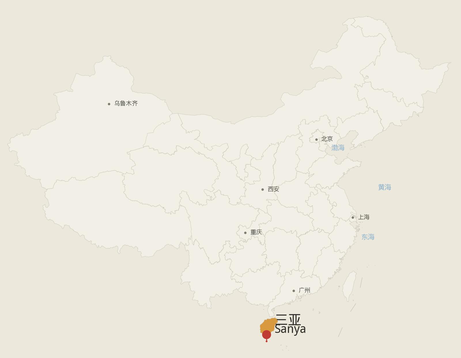中国示意地图，红色别针指向三亚 · Sketch map of China with a red pin on Sanya